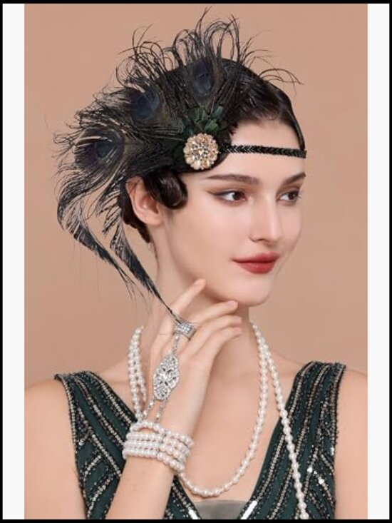Flapper Peacock Feather Headband Roaring 20s Beaded Gatsby Costume Hair main image 4